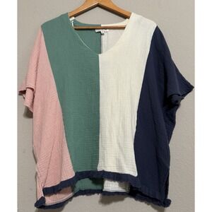 Umgee Womens Oversized XL Shirt Color-blocked Waffle Knit Coastal Beach